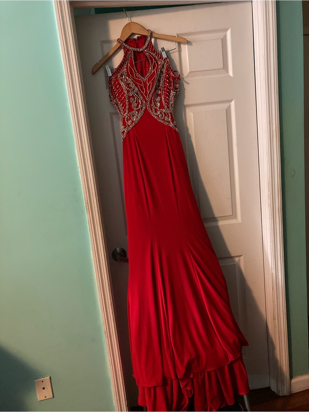 Red Beaded Halter Evening Gown